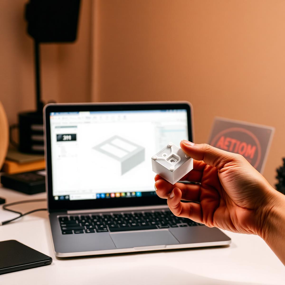 Mão segurando protótipo impresso ao lado de laptop com CAD
